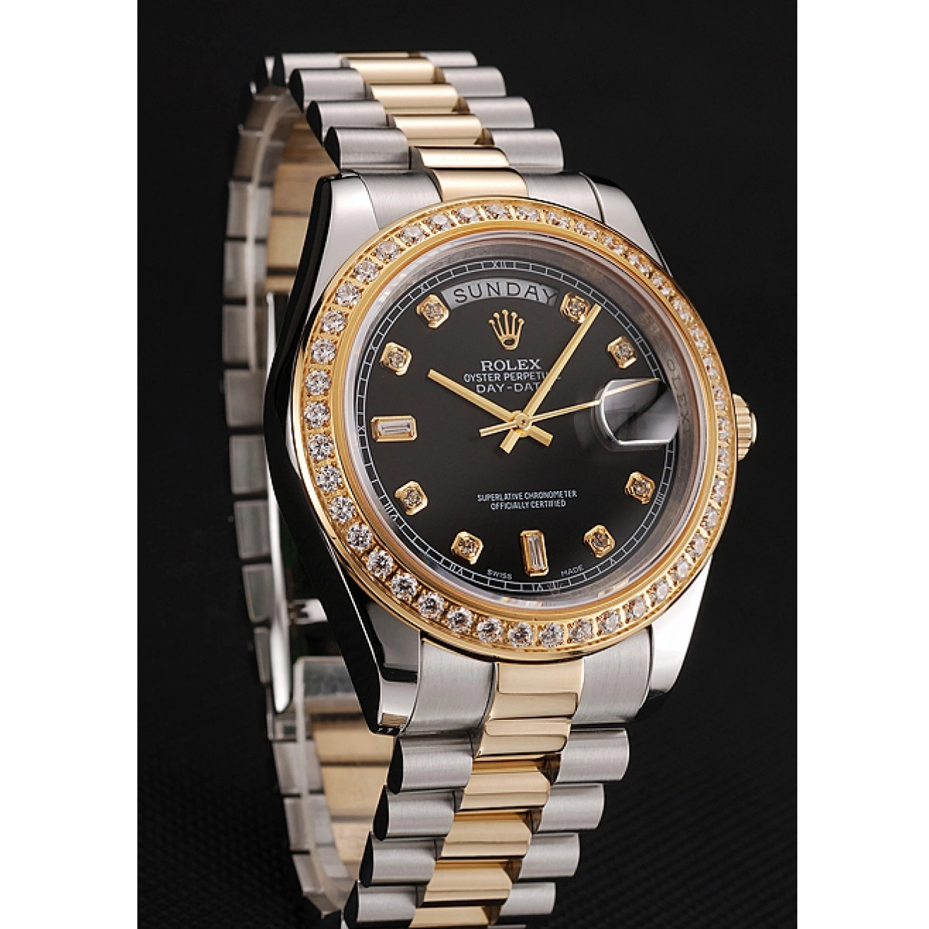 Rolex aaa copy Case Stainless Two Dial Day-Date Tone Black 1453976 Rolex Steel Swiss Bracelet Gold Diamond 0624